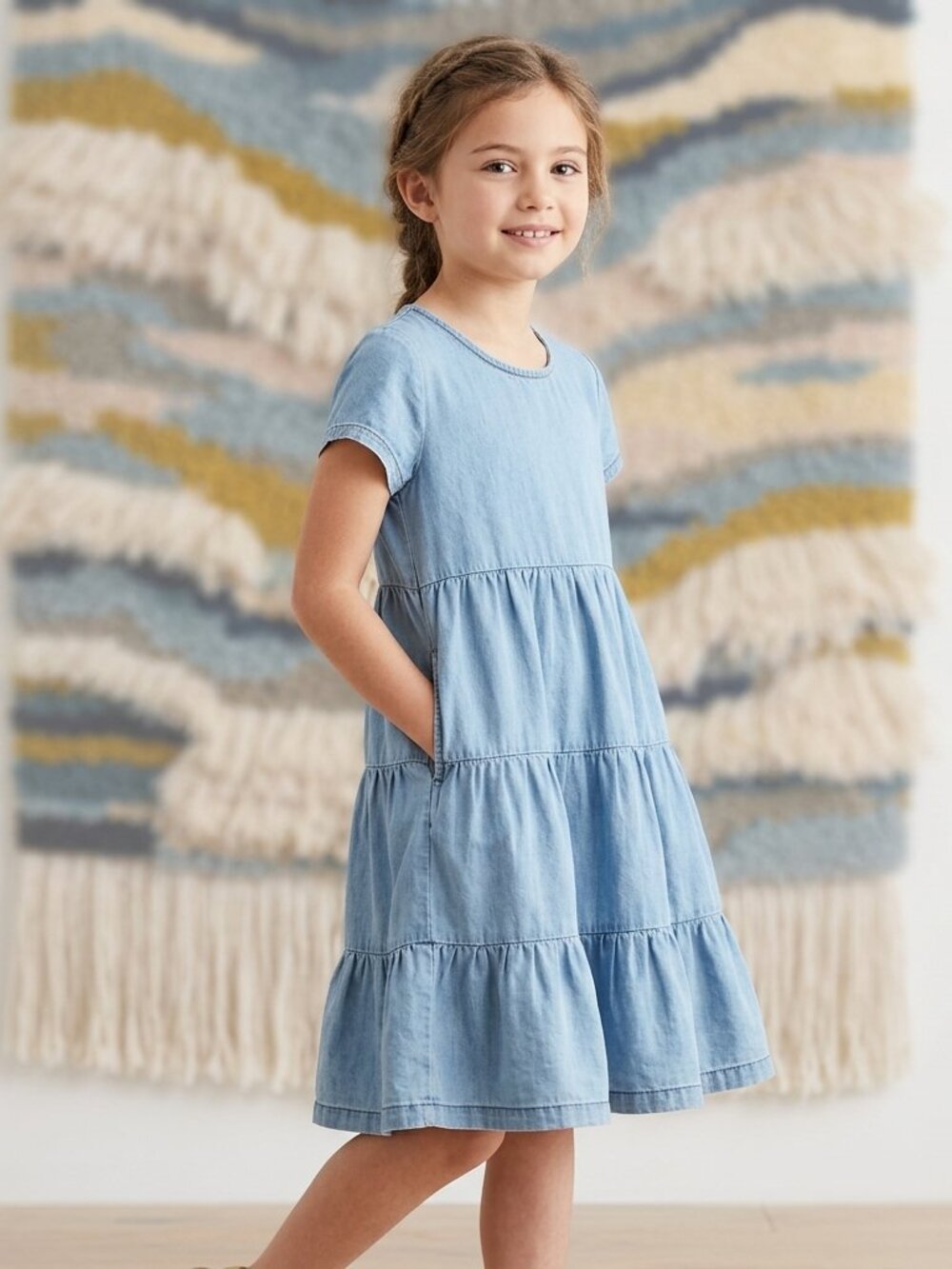 HANNA ANDERSON Girl's Chambray Denim Tired Ruffled Midi Dress Soften Mid Wash 8